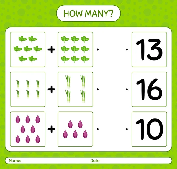 Sebzelerle kaç tane sayma oyunu var? Anaokulu çocukları için çalışma listesi, aktivite listesi, yazdırılabilir çalışma tablosu