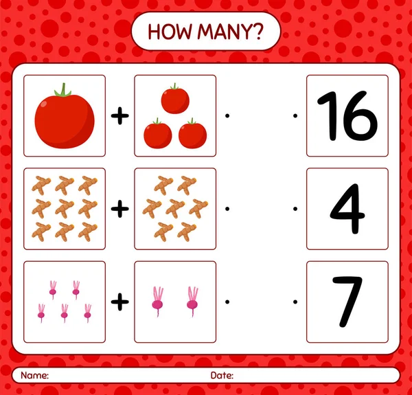 Sebzelerle kaç tane sayma oyunu var? Anaokulu çocukları için çalışma listesi, aktivite listesi, yazdırılabilir çalışma tablosu