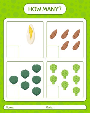 Sebzelerle kaç tane sayma oyunu var? Anaokulu çocukları için çalışma listesi, aktivite listesi, yazdırılabilir çalışma tablosu