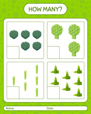 Sebzelerle kaç tane sayma oyunu var? Anaokulu çocukları için çalışma listesi, aktivite listesi, yazdırılabilir çalışma tablosu