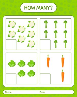 Sebzelerle kaç tane sayma oyunu var? Anaokulu çocukları için çalışma listesi, aktivite listesi, yazdırılabilir çalışma tablosu