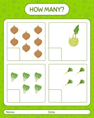 Sebzelerle kaç tane sayma oyunu var? Anaokulu çocukları için çalışma listesi, aktivite listesi, yazdırılabilir çalışma tablosu