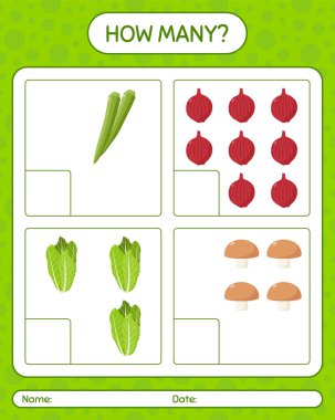 Sebzelerle kaç tane sayma oyunu var? Anaokulu çocukları için çalışma listesi, aktivite listesi, yazdırılabilir çalışma tablosu