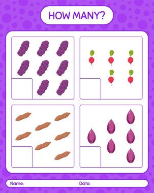 Sebzelerle kaç tane sayma oyunu var? Anaokulu çocukları için çalışma listesi, aktivite listesi, yazdırılabilir çalışma tablosu