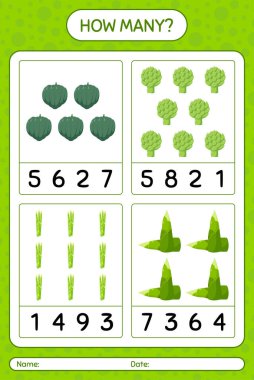 Sebzelerle kaç tane sayma oyunu var? Anaokulu çocukları için çalışma listesi, aktivite listesi, yazdırılabilir çalışma tablosu