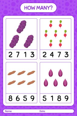 Sebzelerle kaç tane sayma oyunu var? Anaokulu çocukları için çalışma listesi, aktivite listesi, yazdırılabilir çalışma tablosu