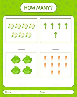 Sebzelerle kaç tane sayma oyunu var? Anaokulu çocukları için çalışma listesi, aktivite listesi, yazdırılabilir çalışma tablosu