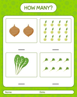 Sebzelerle kaç tane sayma oyunu var? Anaokulu çocukları için çalışma listesi, aktivite listesi, yazdırılabilir çalışma tablosu