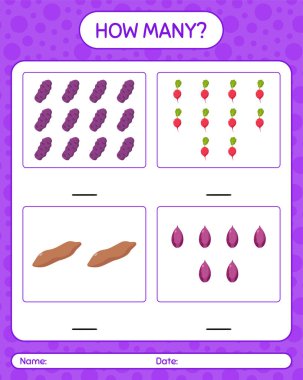 Sebzelerle kaç tane sayma oyunu var? Anaokulu çocukları için çalışma listesi, aktivite listesi, yazdırılabilir çalışma tablosu