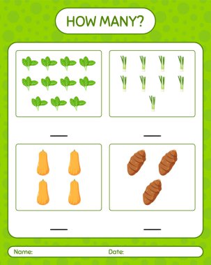 Sebzelerle kaç tane sayma oyunu var? Anaokulu çocukları için çalışma listesi, aktivite listesi, yazdırılabilir çalışma tablosu