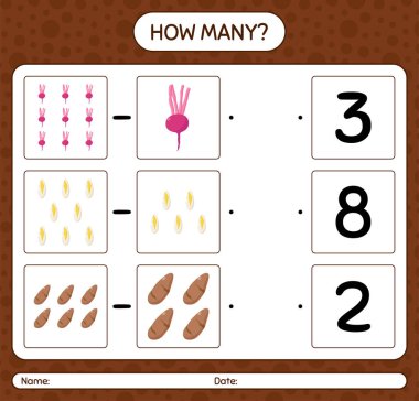 Sebzelerle kaç tane sayma oyunu var? Anaokulu çocukları için çalışma listesi, aktivite listesi, yazdırılabilir çalışma tablosu