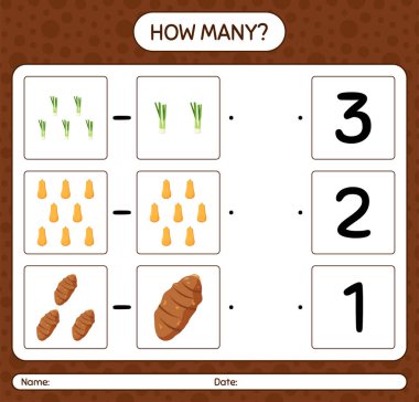 Sebzelerle kaç tane sayma oyunu var? Anaokulu çocukları için çalışma listesi, aktivite listesi, yazdırılabilir çalışma tablosu