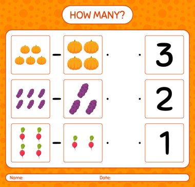 Sebzelerle kaç tane sayma oyunu var? Anaokulu çocukları için çalışma listesi, aktivite listesi, yazdırılabilir çalışma tablosu