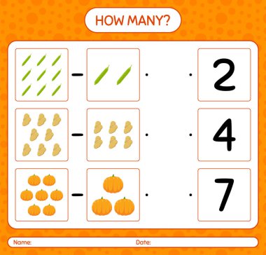 Sebzelerle kaç tane sayma oyunu var? Anaokulu çocukları için çalışma listesi, aktivite listesi, yazdırılabilir çalışma tablosu