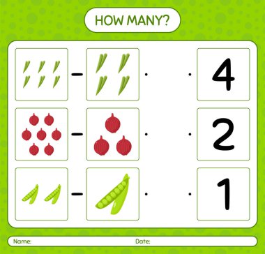 Sebzelerle kaç tane sayma oyunu var? Anaokulu çocukları için çalışma listesi, aktivite listesi, yazdırılabilir çalışma tablosu