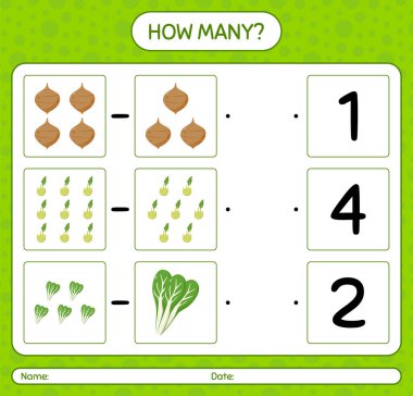 Sebzelerle kaç tane sayma oyunu var? Anaokulu çocukları için çalışma listesi, aktivite listesi, yazdırılabilir çalışma tablosu