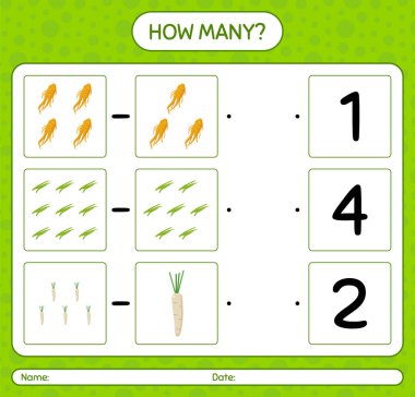 Sebzelerle kaç tane sayma oyunu var? Anaokulu çocukları için çalışma listesi, aktivite listesi, yazdırılabilir çalışma tablosu