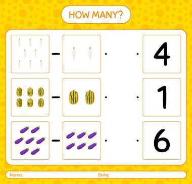 Sebzelerle kaç tane sayma oyunu var? Anaokulu çocukları için çalışma listesi, aktivite listesi, yazdırılabilir çalışma tablosu