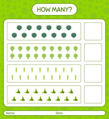 Sebzelerle kaç tane sayma oyunu var? Anaokulu çocukları için çalışma listesi, aktivite listesi, yazdırılabilir çalışma tablosu