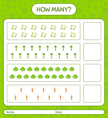 Sebzelerle kaç tane sayma oyunu var? Anaokulu çocukları için çalışma listesi, aktivite listesi, yazdırılabilir çalışma tablosu