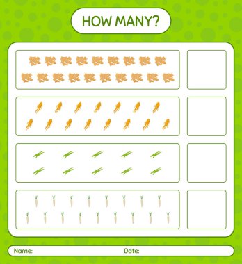 Sebzelerle kaç tane sayma oyunu var? Anaokulu çocukları için çalışma listesi, aktivite listesi, yazdırılabilir çalışma tablosu