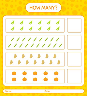 Sebzelerle kaç tane sayma oyunu var? Anaokulu çocukları için çalışma listesi, aktivite listesi, yazdırılabilir çalışma tablosu