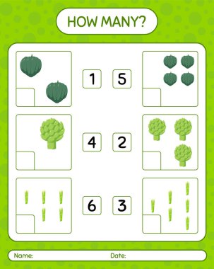 Sebzelerle kaç tane sayma oyunu var? Anaokulu çocukları için çalışma listesi, aktivite listesi, yazdırılabilir çalışma tablosu
