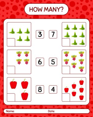 Sebzelerle kaç tane sayma oyunu var? Anaokulu çocukları için çalışma listesi, aktivite listesi, yazdırılabilir çalışma tablosu