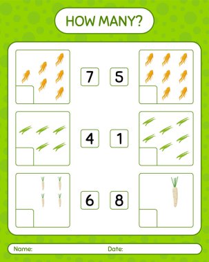 Sebzelerle kaç tane sayma oyunu var? Anaokulu çocukları için çalışma listesi, aktivite listesi, yazdırılabilir çalışma tablosu