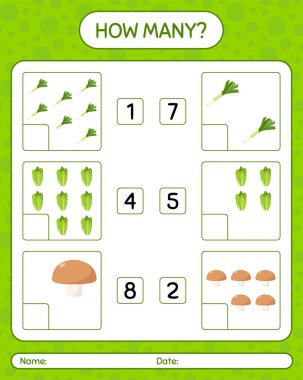 Sebzelerle kaç tane sayma oyunu var? Anaokulu çocukları için çalışma listesi, aktivite listesi, yazdırılabilir çalışma tablosu