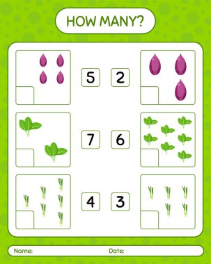 Sebzelerle kaç tane sayma oyunu var? Anaokulu çocukları için çalışma listesi, aktivite listesi, yazdırılabilir çalışma tablosu