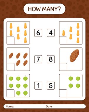 Sebzelerle kaç tane sayma oyunu var? Anaokulu çocukları için çalışma listesi, aktivite listesi, yazdırılabilir çalışma tablosu