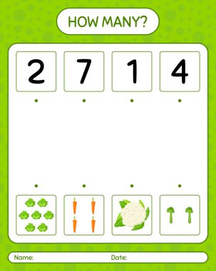 Sebzelerle kaç tane sayma oyunu var? Anaokulu çocukları için çalışma listesi, aktivite listesi, yazdırılabilir çalışma tablosu