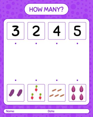 Sebzelerle kaç tane sayma oyunu var? Anaokulu çocukları için çalışma listesi, aktivite listesi, yazdırılabilir çalışma tablosu