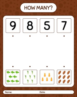 Sebzelerle kaç tane sayma oyunu var? Anaokulu çocukları için çalışma listesi, aktivite listesi, yazdırılabilir çalışma tablosu