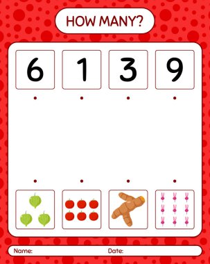 Sebzelerle kaç tane sayma oyunu var? Anaokulu çocukları için çalışma listesi, aktivite listesi, yazdırılabilir çalışma tablosu