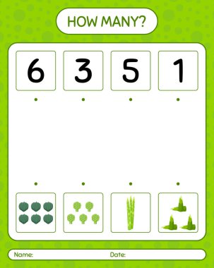 Sebzelerle kaç tane sayma oyunu var? Anaokulu çocukları için çalışma listesi, aktivite listesi, yazdırılabilir çalışma tablosu