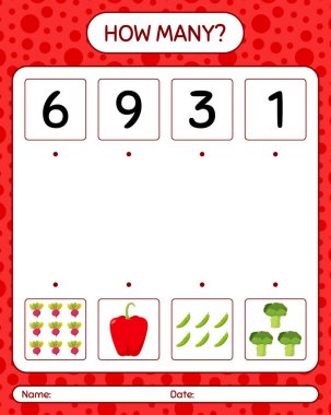 Sebzelerle kaç tane sayma oyunu var? Anaokulu çocukları için çalışma listesi, aktivite listesi, yazdırılabilir çalışma tablosu