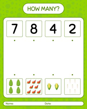 Sebzelerle kaç tane sayma oyunu var? Anaokulu çocukları için çalışma listesi, aktivite listesi, yazdırılabilir çalışma tablosu