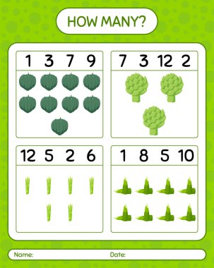 Sebzelerle kaç tane sayma oyunu var? Anaokulu çocukları için çalışma listesi, aktivite listesi, yazdırılabilir çalışma tablosu