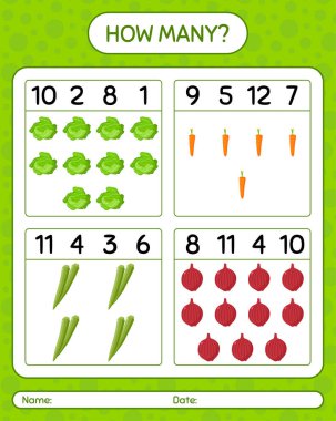 Sebzelerle kaç tane sayma oyunu var? Anaokulu çocukları için çalışma listesi, aktivite listesi, yazdırılabilir çalışma tablosu