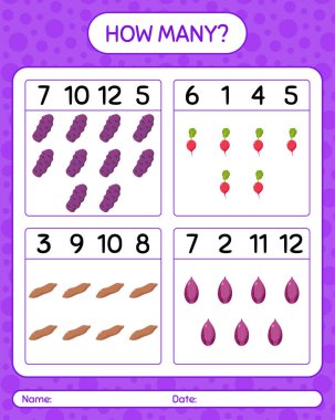 Sebzelerle kaç tane sayma oyunu var? Anaokulu çocukları için çalışma listesi, aktivite listesi, yazdırılabilir çalışma tablosu