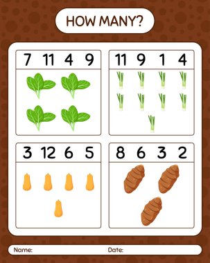 Sebzelerle kaç tane sayma oyunu var? Anaokulu çocukları için çalışma listesi, aktivite listesi, yazdırılabilir çalışma tablosu