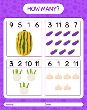 Sebzelerle kaç tane sayma oyunu var? Anaokulu çocukları için çalışma listesi, aktivite listesi, yazdırılabilir çalışma tablosu