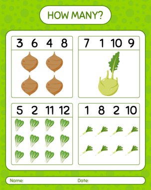 Sebzelerle kaç tane sayma oyunu var? Anaokulu çocukları için çalışma listesi, aktivite listesi, yazdırılabilir çalışma tablosu