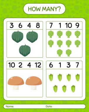 Sebzelerle kaç tane sayma oyunu var? Anaokulu çocukları için çalışma listesi, aktivite listesi, yazdırılabilir çalışma tablosu