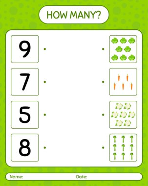 Sebzelerle kaç tane sayma oyunu var? Anaokulu çocukları için çalışma listesi, aktivite listesi, yazdırılabilir çalışma tablosu