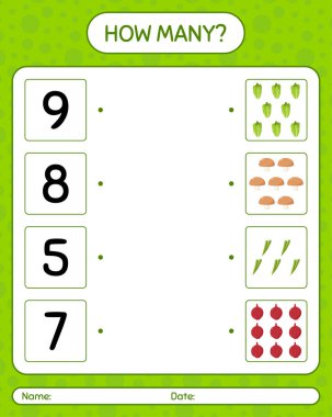 Sebzelerle kaç tane sayma oyunu var? Anaokulu çocukları için çalışma listesi, aktivite listesi, yazdırılabilir çalışma tablosu