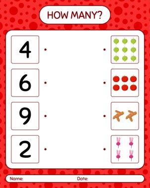 Sebzelerle kaç tane sayma oyunu var? Anaokulu çocukları için çalışma listesi, aktivite listesi, yazdırılabilir çalışma tablosu