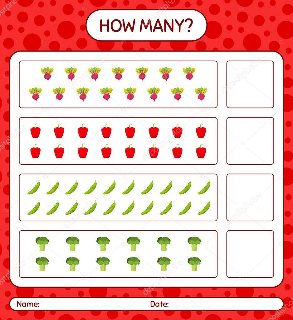 How many counting game with vegetables. worksheet for preschool kids, kids activity sheet, printable worksheet